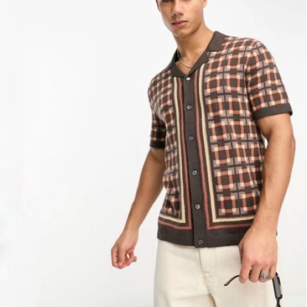 Abercrombie & Fitch Brown 70's Border Pattern Button Through Knit Polo Size XXL